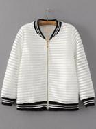 Romwe White Striped Trim Hollow Out Zipper Up Jacket