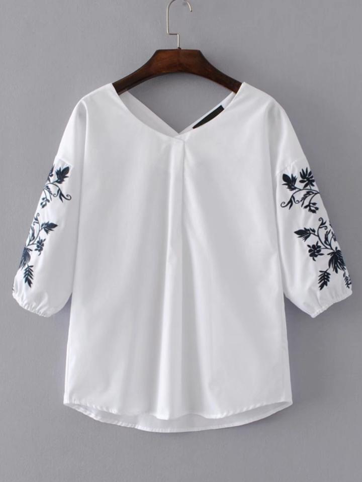 Romwe Drop Shoulder Seam Embroidery Blouse