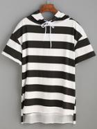 Romwe Black White Striped Dip Hem Hooded T-shirt