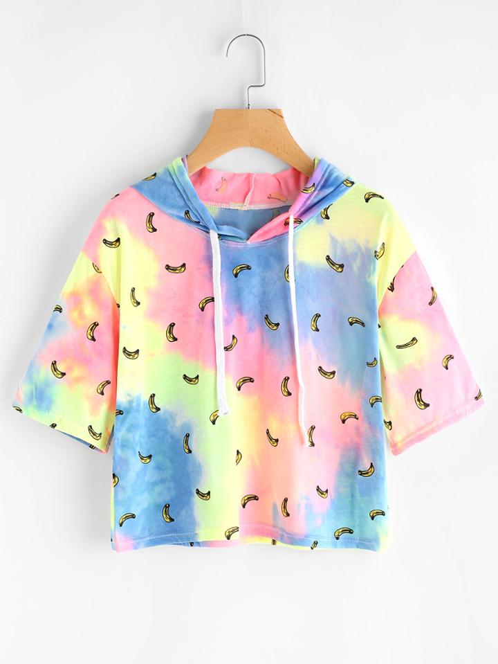 Romwe Hooded Drawstring Banana Print Water Color Tee