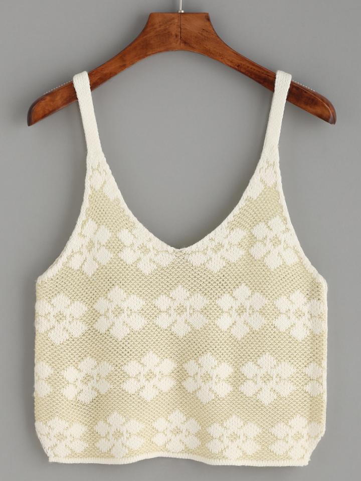 Romwe Beige Jacquard Knit Tank Top