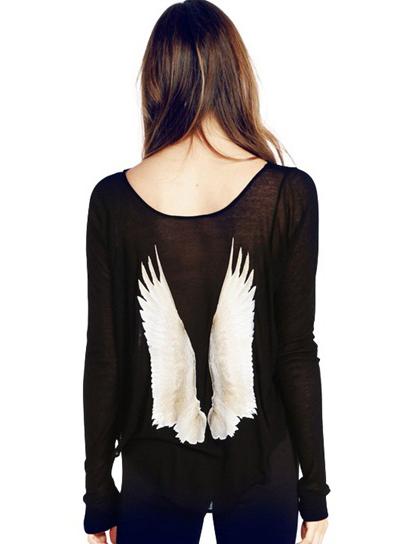 Romwe Wing Print Loose Black T-shirt