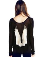 Romwe Wing Print Loose Black T-shirt