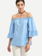 Romwe Blue Ruffled Off The Shoulder Blouse