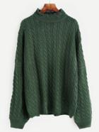 Romwe Green Drop Shoulder Hollow Cable Knit Sweater