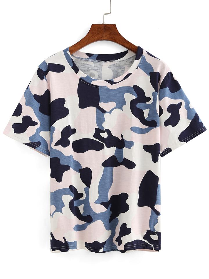 Romwe Pink Camouflage Short Sleeve T-shirt