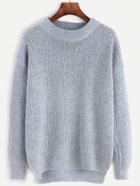 Romwe Blue Dropped Shoulder Seam Dip Hem Slit Side Sweater