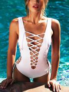 Romwe White Lace-up Side And Front Swimwear
