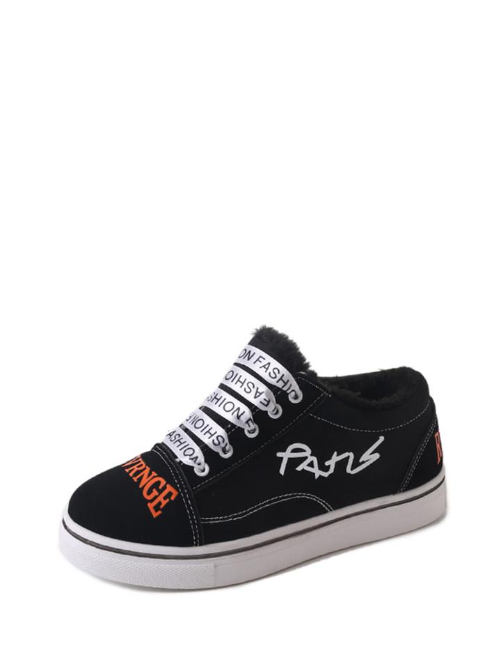 Romwe Faux Fur Lined Letter Print Lace Up Sneakers