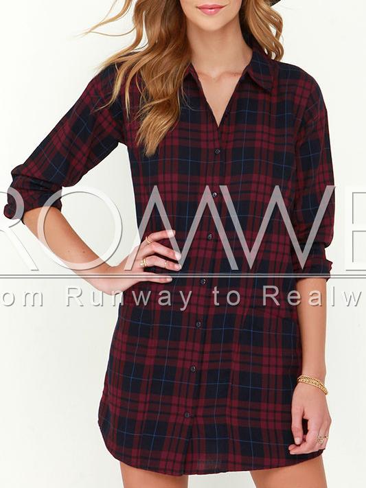 Romwe Red Long Sleeve Lapel Plaid Dress