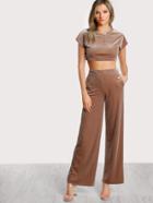 Romwe Velvet Crop Tee And Palazzo Pants Set