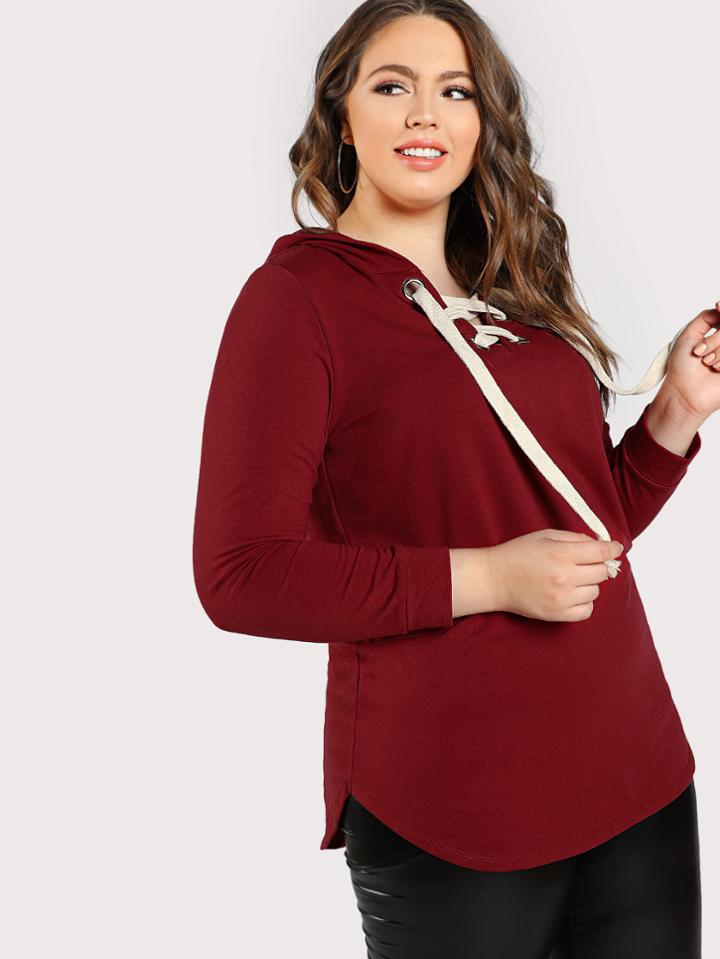 Romwe Eyelet Lace Up Curved Hoodie