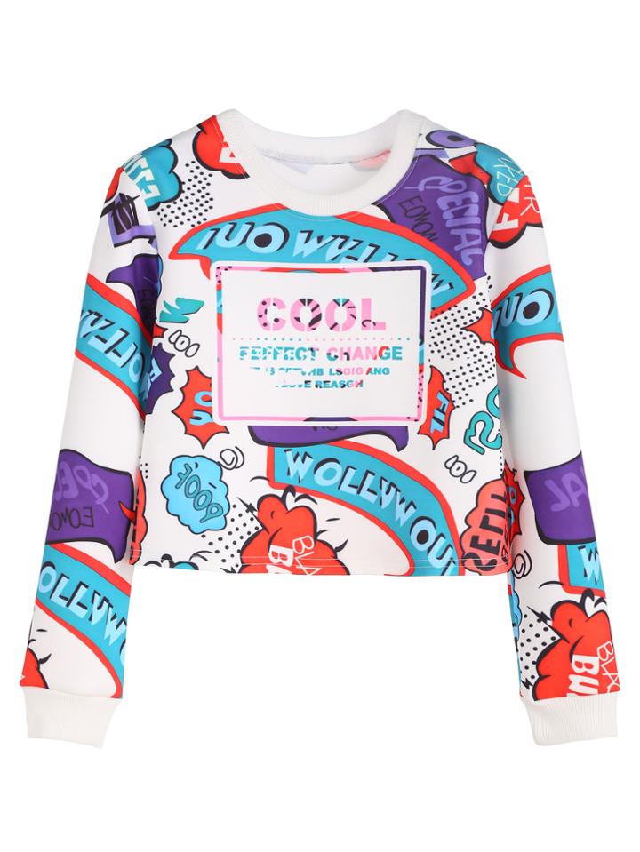 Romwe Multicolor Cartoon Letter Print Crop Sweatshirt