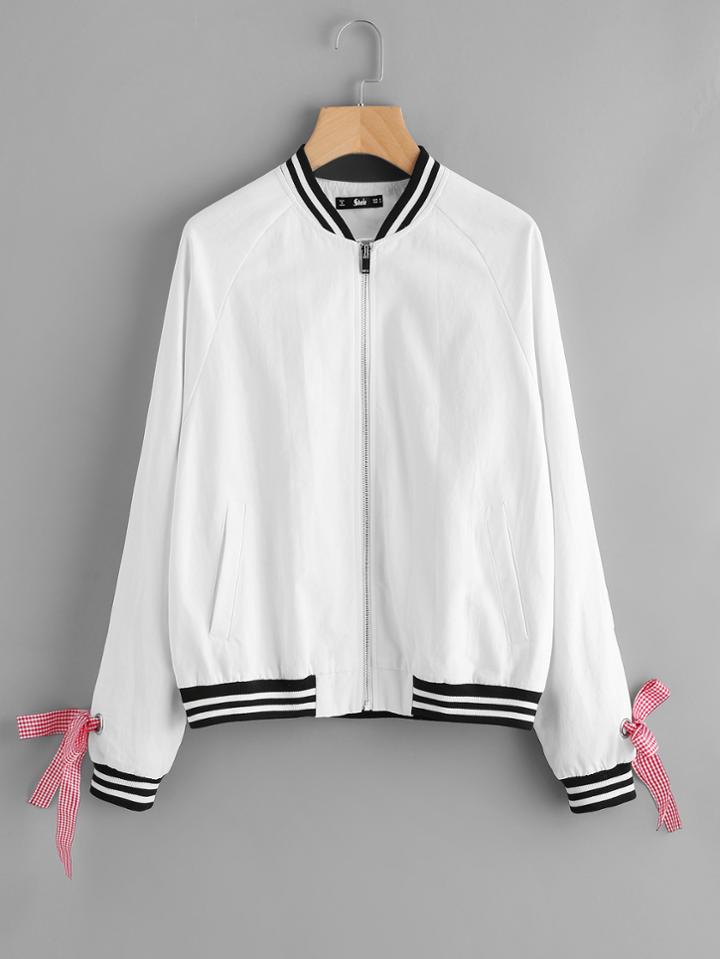 Romwe Striped Trim Gingham Tape Lace Up Bomber Jacket