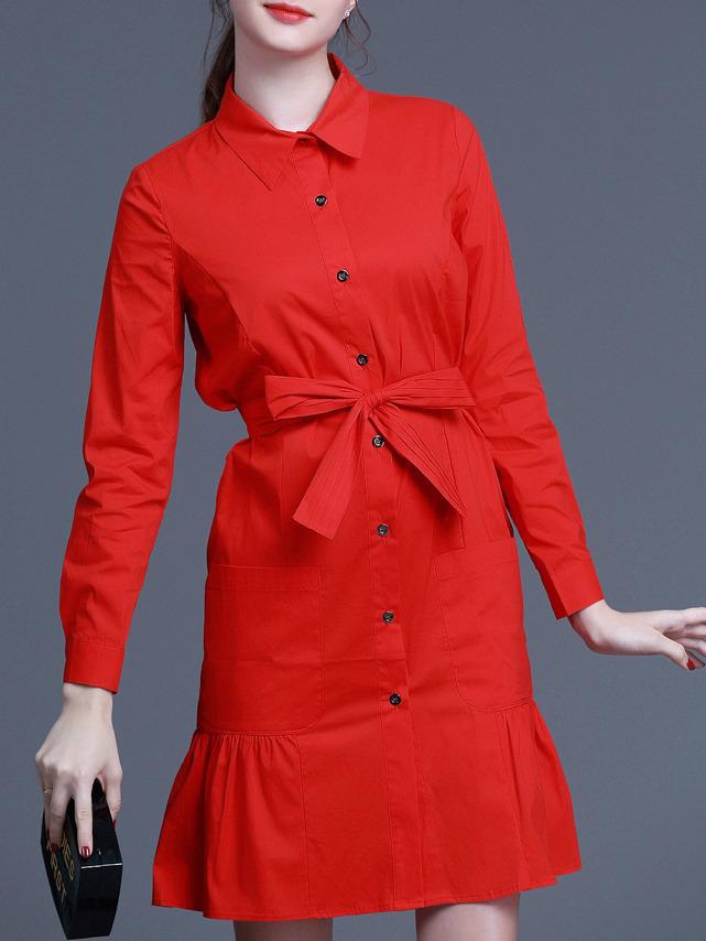 Romwe Red Tie Waist Pockets Drop Waist Dress