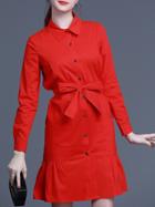 Romwe Red Tie Waist Pockets Drop Waist Dress