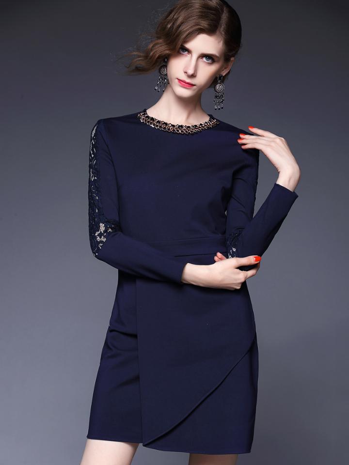 Romwe Navy Round Neck Long Sleeve Contrast Lace Dress