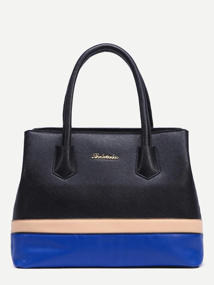 Romwe Black Color Block Structured Handbag