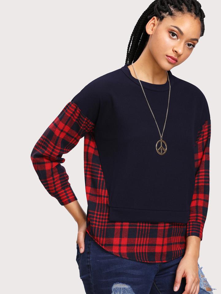 Romwe Curved Hem Checked Panel Sweatshirt