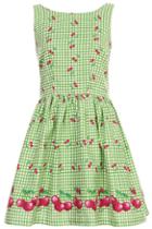 Romwe Cherry Print Green Sleeveless Dress