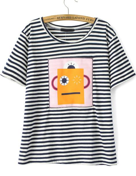 Romwe Black Short Sleeve Embroidered Striped T-shirt
