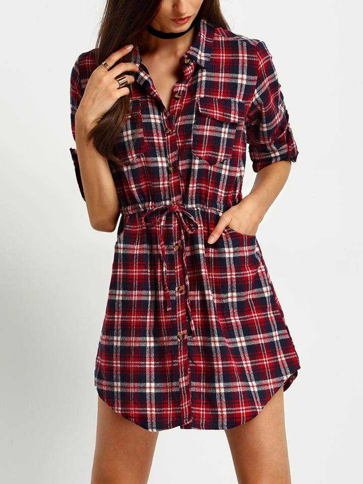 Romwe Plaid Red Shirt Dress With Drawstring