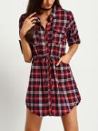 Romwe Plaid Red Shirt Dress With Drawstring
