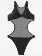 Romwe Knot Front Fishnet Swimsuit