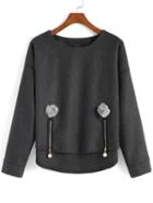Romwe Dip Hem Zipper Ball Embellished Grey Sweatshirt