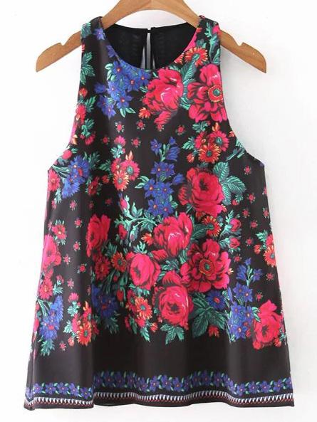 Romwe Black Floral Open Back Tank Top