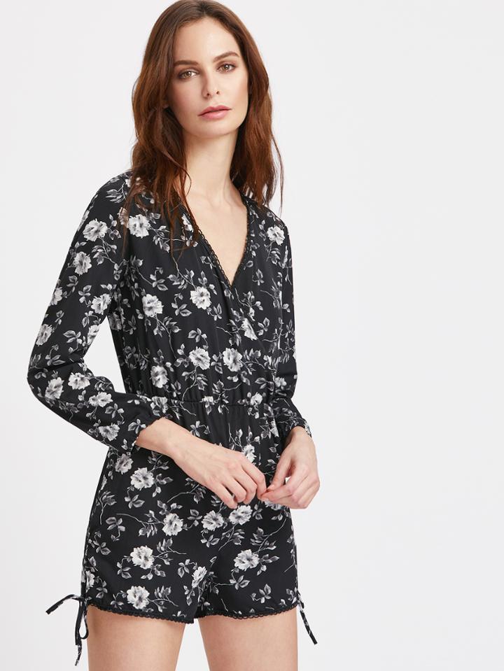 Romwe Floral Print Tie Cuffs Wrap Front Romper