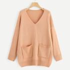 Romwe Plus Pocket Patched Solid Cocoon Sweater
