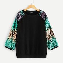 Romwe Plus Contrast Sequins Raglan Sleeve Pullover