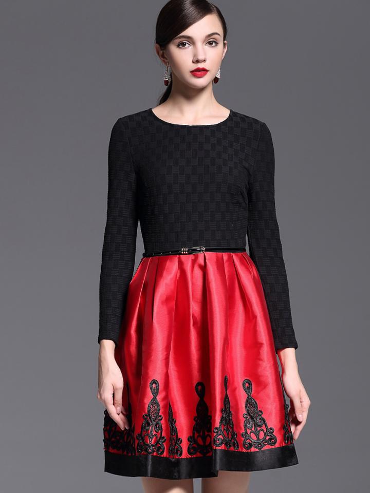 Romwe Red Black Round Neck Long Sleeve Embroidered Dress
