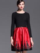 Romwe Red Black Round Neck Long Sleeve Embroidered Dress