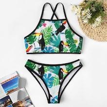 Romwe Random Leaf & Bird Print Criss Cross Bikini