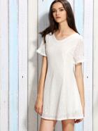 Romwe White Ruffle Sleeve Bow Back Lace Dress