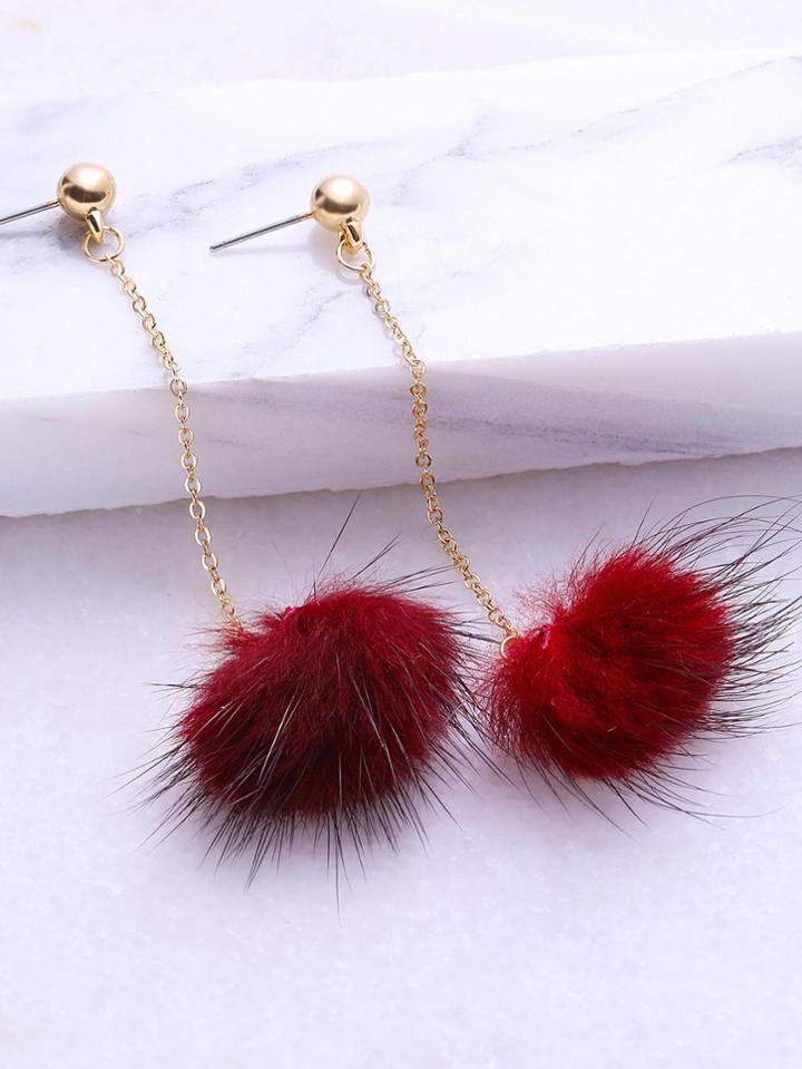 Romwe Burgundy Pom Pom Drop Earrings