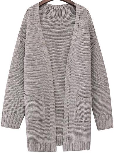 Romwe Long Sleeve Pockets Chunky Knit Grey Coat