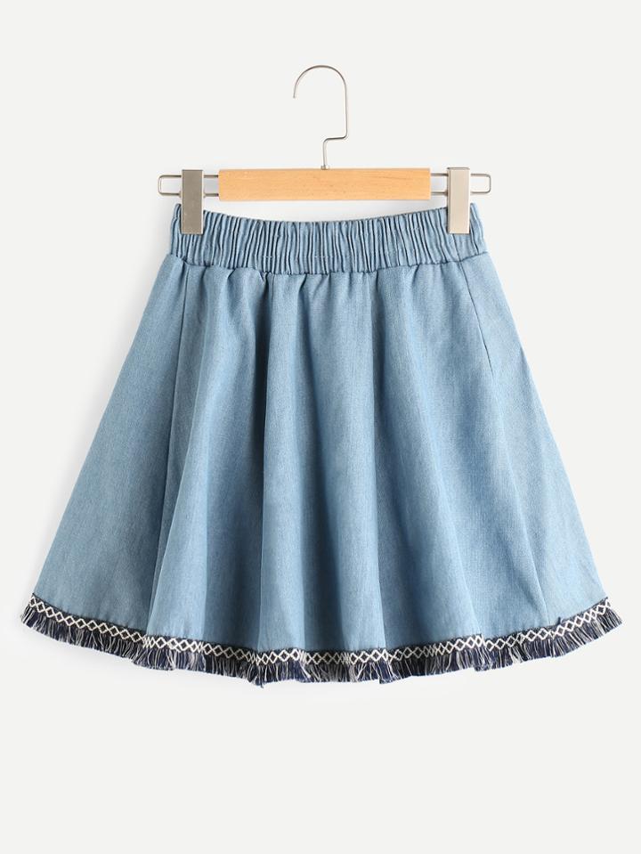 Romwe Embroidered Tape Detail Fringe Hem Denim Skirt
