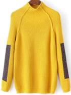 Romwe Yellow Color Block Mock Neck Raglan Sleeve Sweater