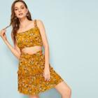 Romwe Ditsy Floral Print Knot Cami Top With Ruffle Hem Skirt