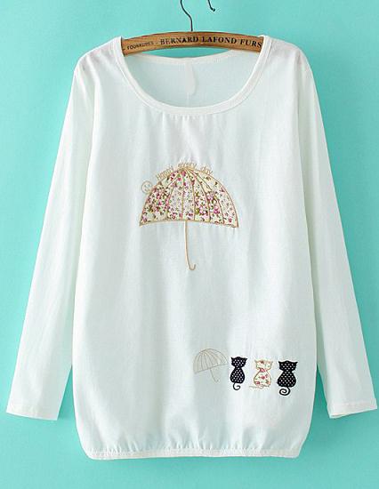 Romwe White Long Sleeve Umbrella Embroidered Blouse