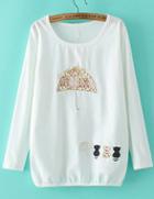 Romwe White Long Sleeve Umbrella Embroidered Blouse