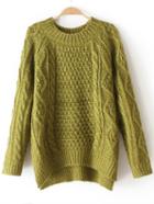 Romwe High Low Cable Knit Green Sweater
