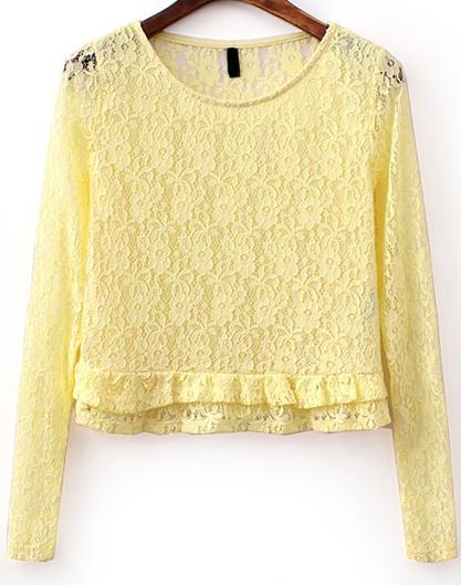 Romwe Lace Flouncing Crop Yellow Blouse