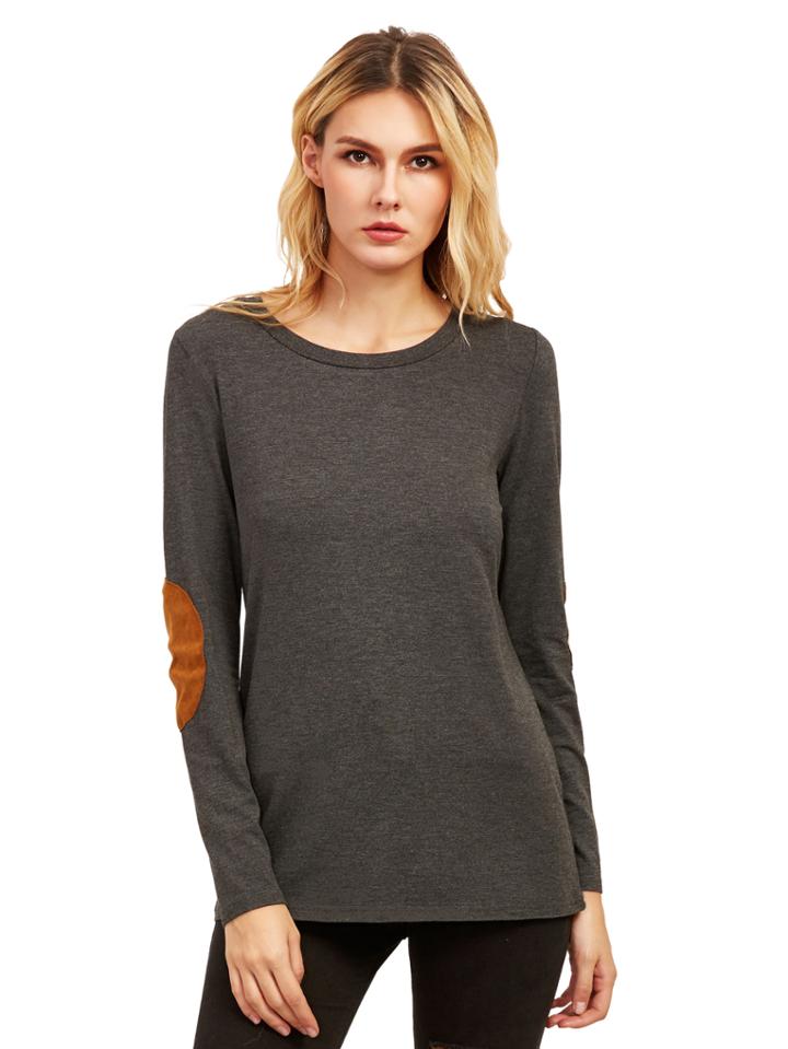 Romwe Drak Grey Long Sleeve Elbow Patch T-shirt