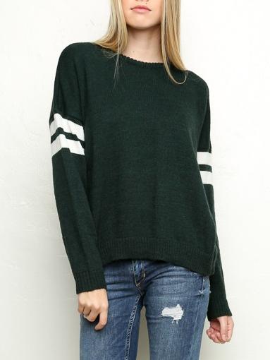 Romwe Round Neck Striped Loose Dark Green Sweater