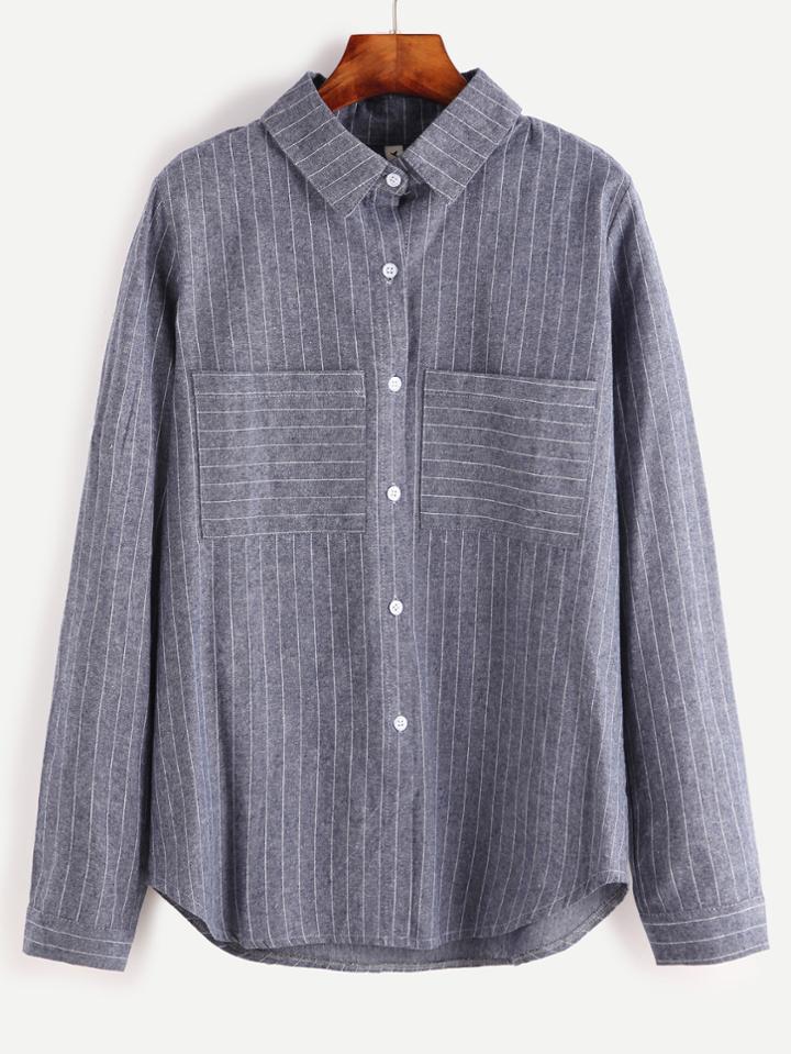 Romwe Vertical Striped Dual Pocket Front Button Shirt