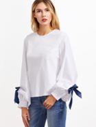 Romwe White Keyhole Back Bow Tie Bishop Sleeve Top